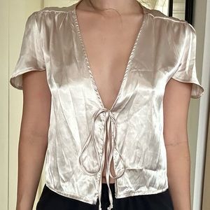 Brandy Melville (John Galt) champagne gold satin tie front top